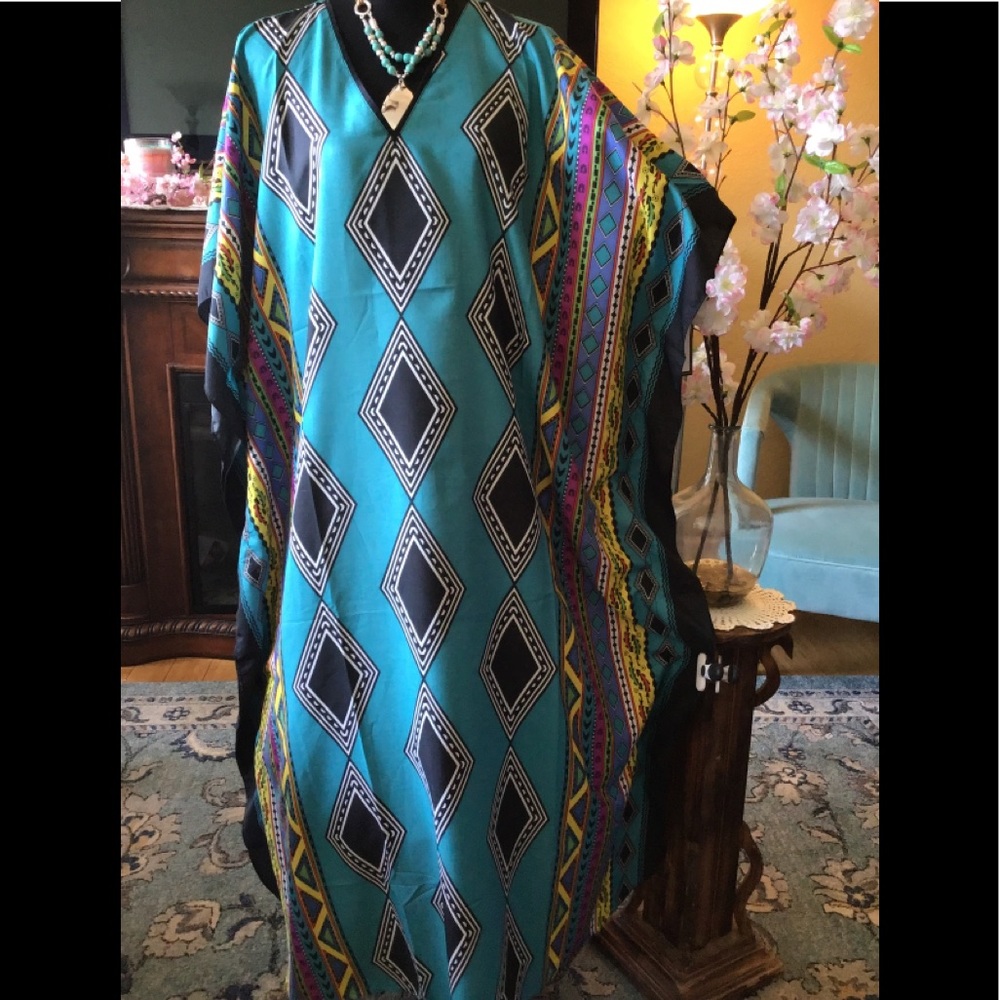 LOWEST🌺 NWT WINLAR (Fits Sizes 0 to4X) TURQUOISE DIAMOND COVERUP/CAFTAN - Picture 6 of 13